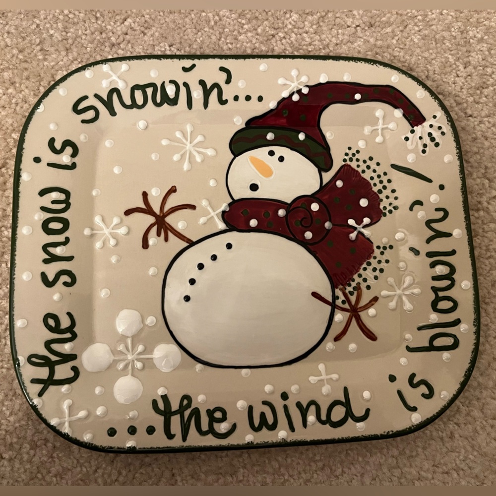 Vintage Expressly Yours hand painted 9” x 7 3/4” pottery snowman platter.